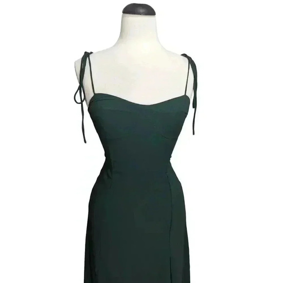 New Hunter Green Tie Spaghetti Straps Dress Front Slit Size S Back Zipper - Picture 3 of 6